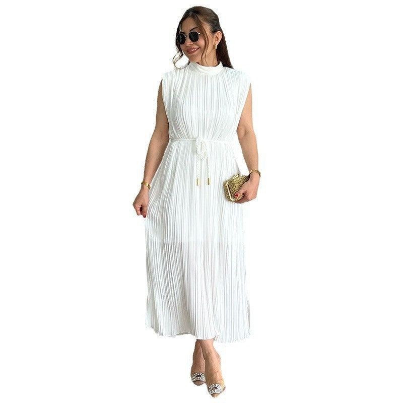 Fashionable Simple Half Turtleneck Waist-controlled Lace-up Midi Dress