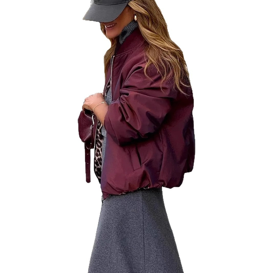 Women's Elegant Reversible Zipper Jacket Leopard Print And Wine Red Casual Coat