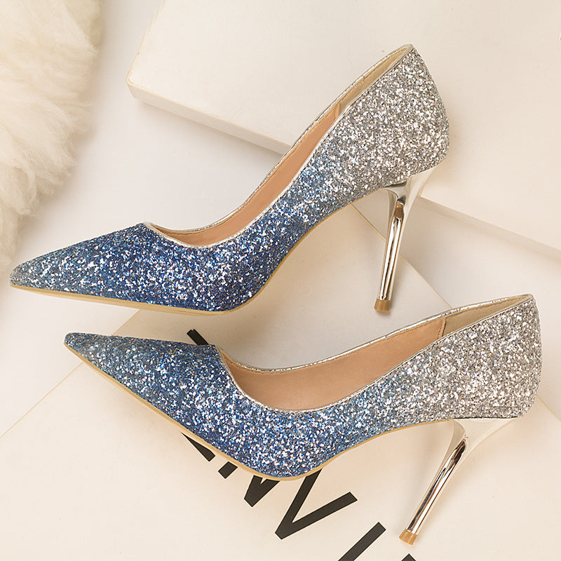 Women's Low-cut Pointed Toe Gradient Sequin High Heels