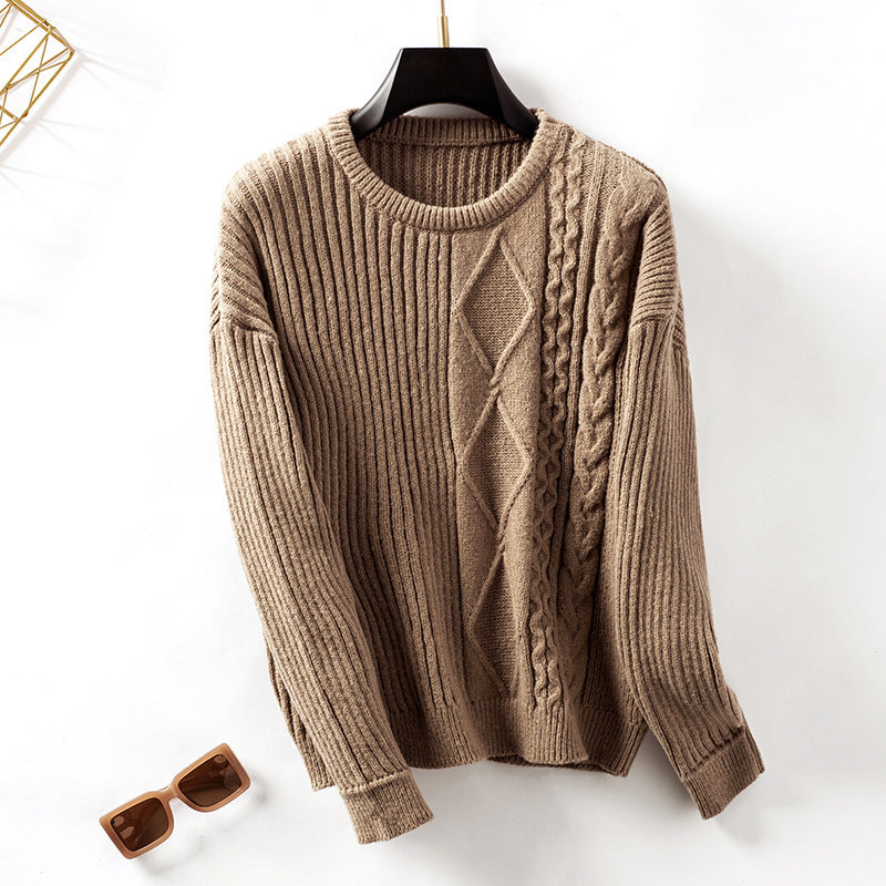 Loose Pullover Retro Solid Color Sweater For Women