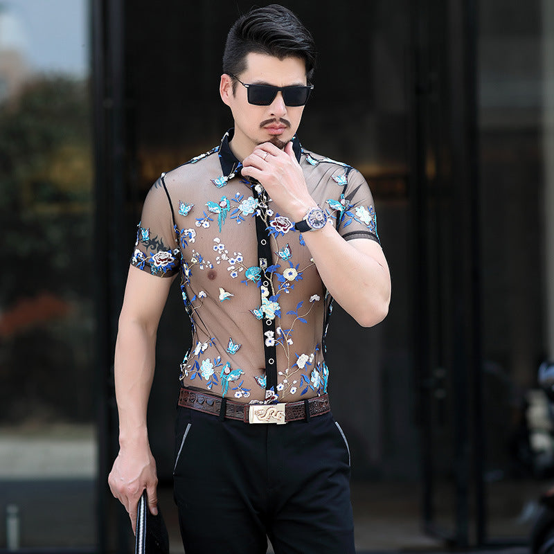 Ice Silk Hollow Breathable Floral Short Sleeve Shirt