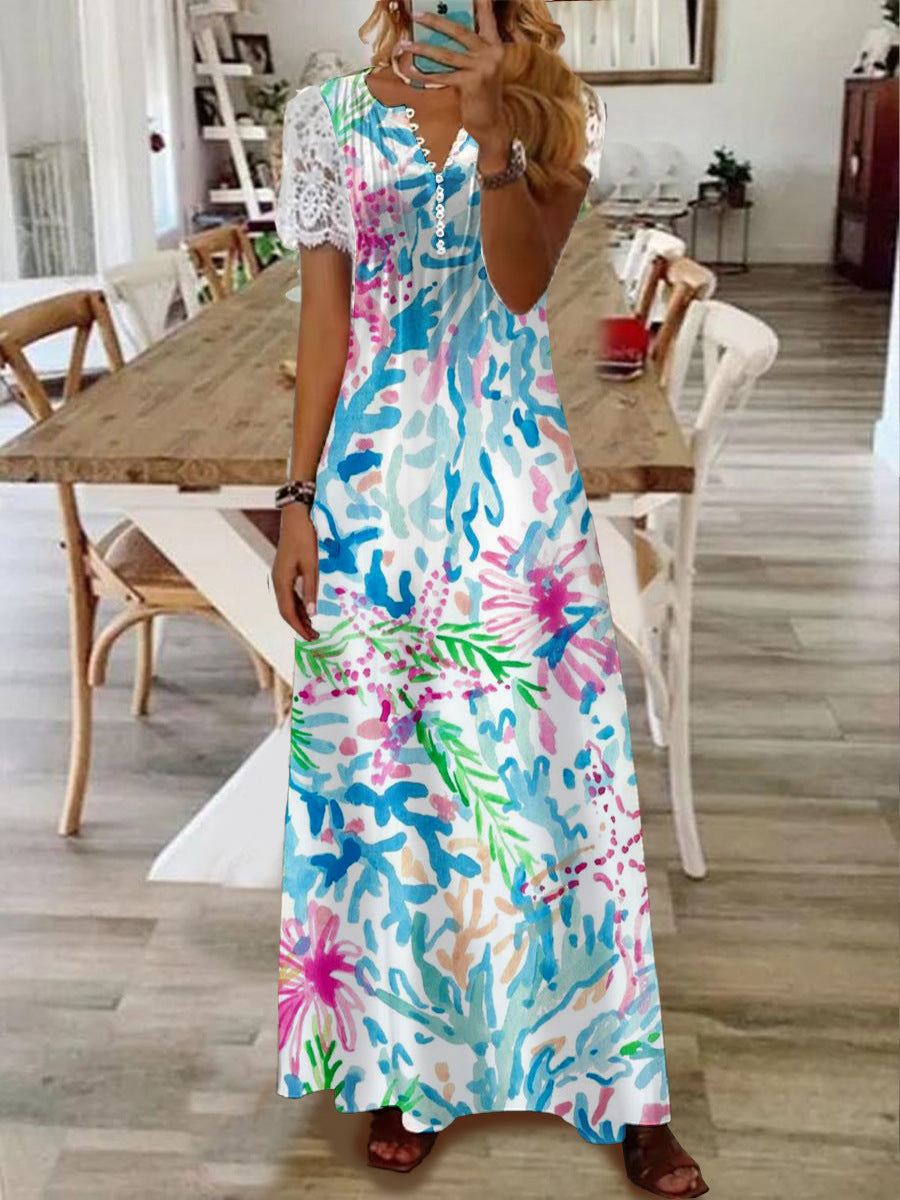 Printed Lace Sleeve Short Sleeve Dress