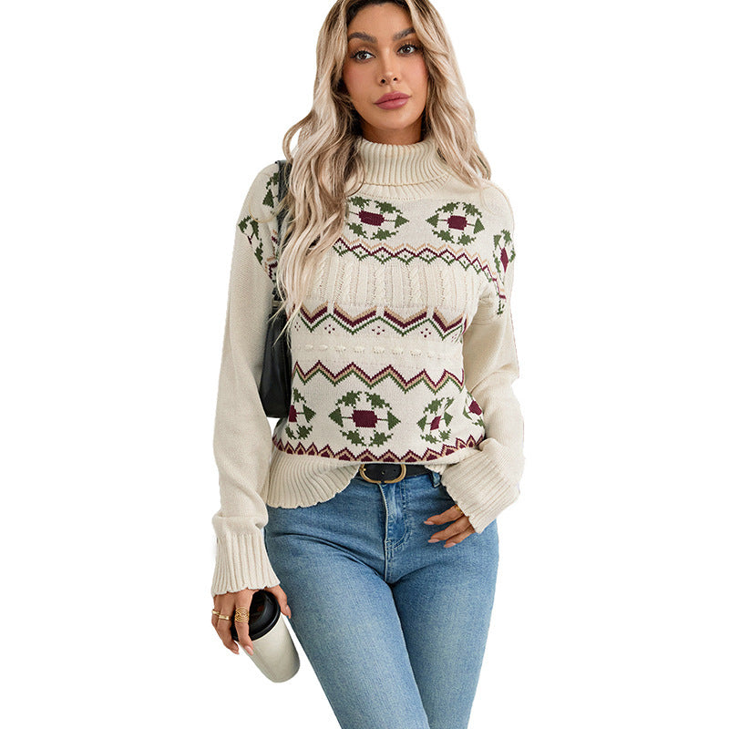 Ethnic Pattern Turtleneck Pullover Sweet Sweater