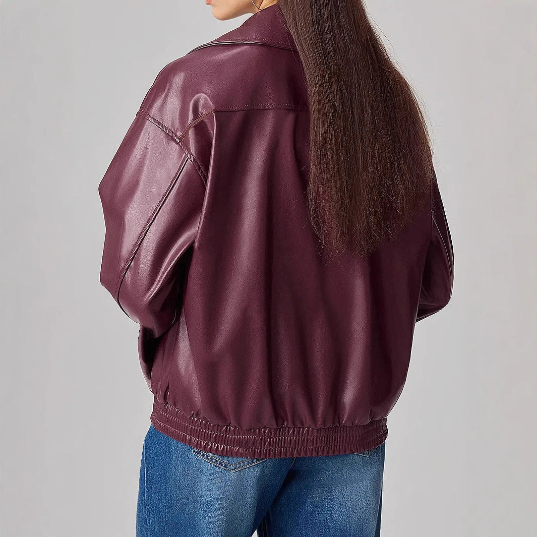 Loose-fitting Long Sleeves Leather Jacket Coat