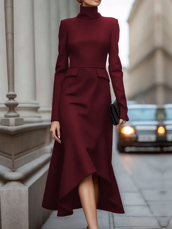 Solid Color Slim-Fit Long-Sleeve Formal Dress