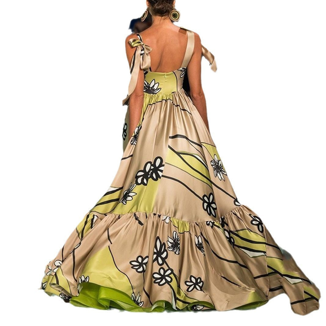 Women's Printed Backless Lace Up Printed Dress