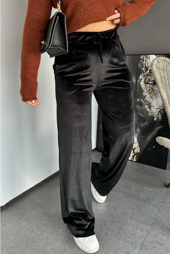 Black Shiny Velvet Drawstring High Waist Straight Leg Casual Womens Fashionable Everyday Wear Pants
