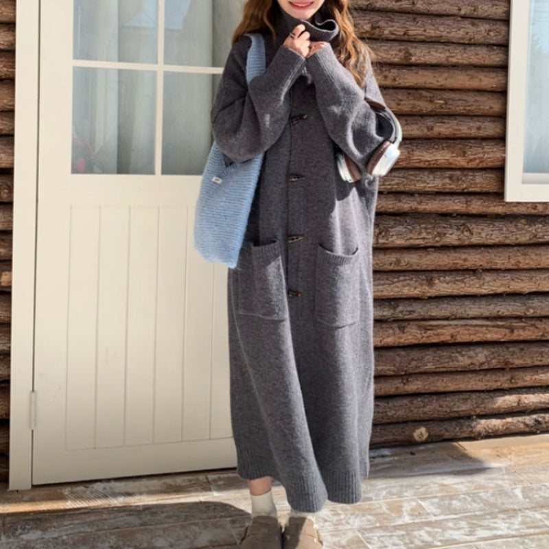 Horn Button Sweater Cardigan Women's Mid-length Turn-down Collar Coat
