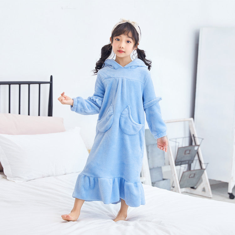 The Moon Pocket: Warm Coral Fleece Hooded Nightdress