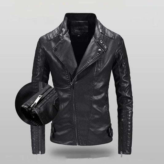 Trendy Leather Jacket Mens Fleece-Lined PU Jacket Contemporary Warmth