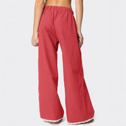 Women's Pastoral Style Plaid Printed Straight Elastic Casual Pants