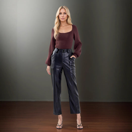 High Waist Matte PU Leather Straight-leg Trousers