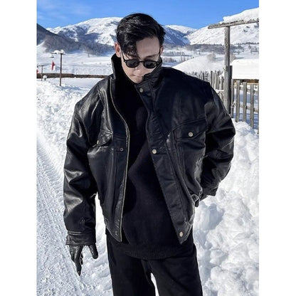 Jacket Leather Coat Autumn Winter Mens Trendy Handsome Fleece Thickened Pilot Motorcycle Plus Size Rugged Adventure
