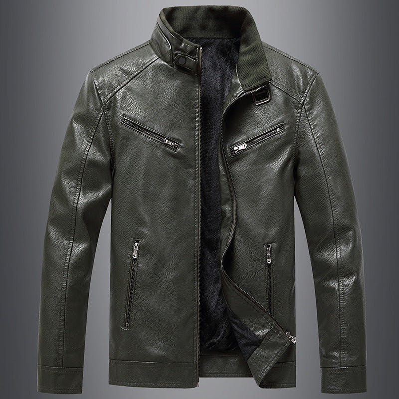 Mens Fleece Padded Coat Casual Korean-Style Stand Collar PU Leather Trendy Youth