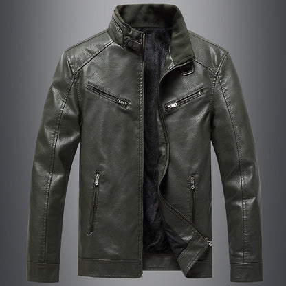 Mens Fleece Padded Coat Casual Korean-Style Stand Collar PU Leather Trendy Youth