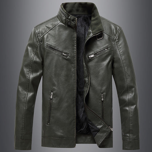 Mens Fleece Padded Coat Casual Korean-Style Stand Collar PU Leather Trendy Youth