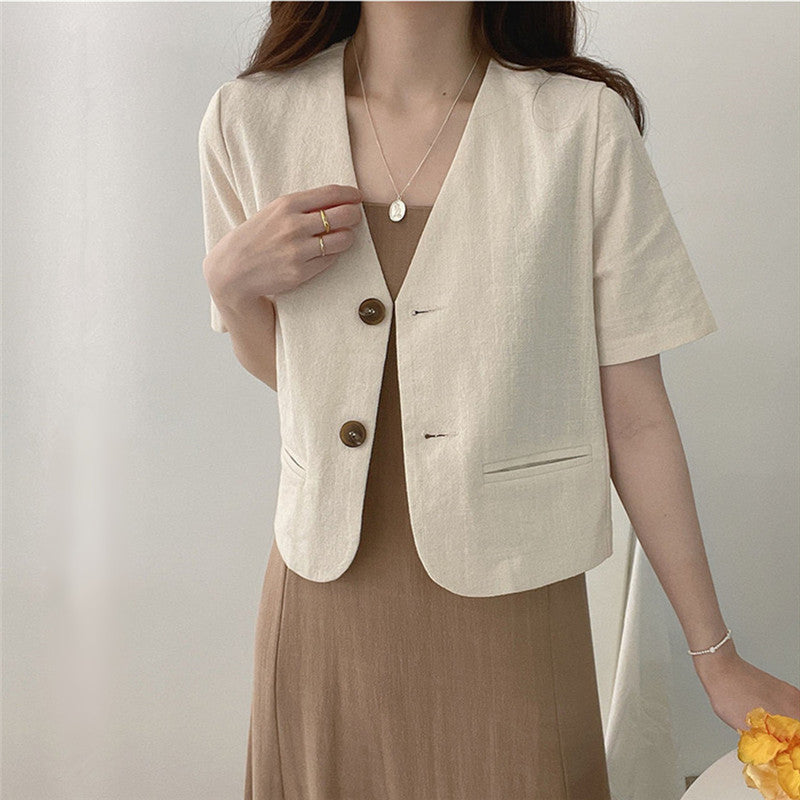 Women's Simple Deep V-neck Cotton Linen Casual Jacket