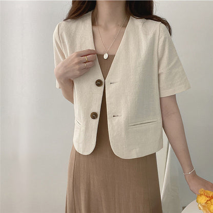 Women's Simple Deep V-neck Cotton Linen Casual Jacket