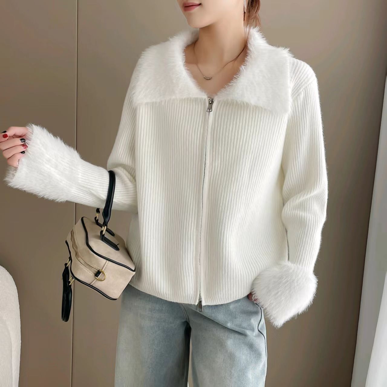 Korean Style Double Zipper Lapel Patchwork Cuff Sweater
