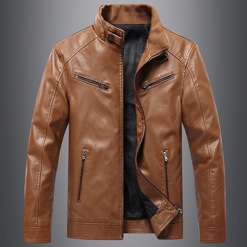 Mens Fleece Padded Coat Casual Korean-Style Stand Collar PU Leather Trendy Youth