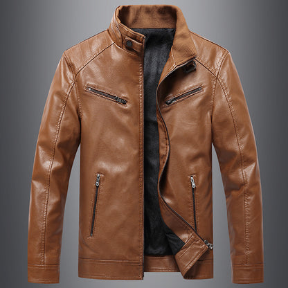 Mens Fleece Padded Coat Casual Korean-Style Stand Collar PU Leather Trendy Youth