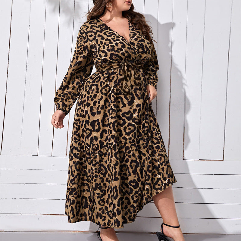 V-neck Leopard Print Printed Casual Long Dress