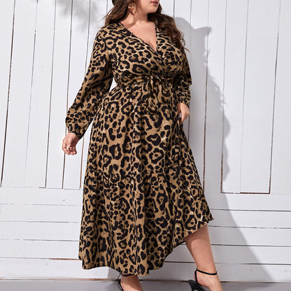 V-neck Leopard Print Printed Casual Long Dress