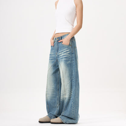 Wide-leg Blue Jeans Deconstruct Stitching Men And Women