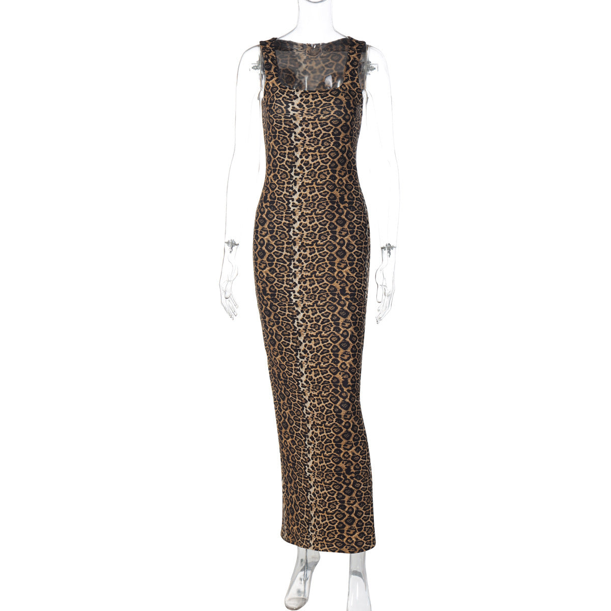 Printed Waist-controlled Stretch Split Sheath Leopard Print Dress