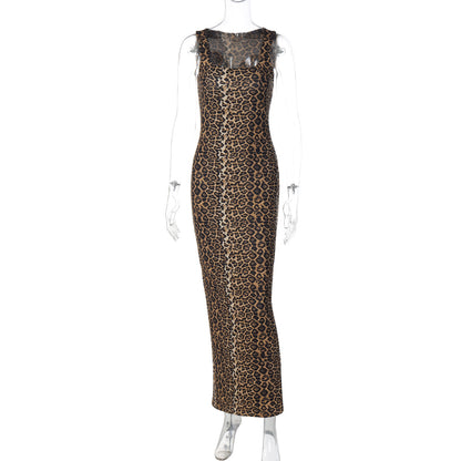 Printed Waist-controlled Stretch Split Sheath Leopard Print Dress