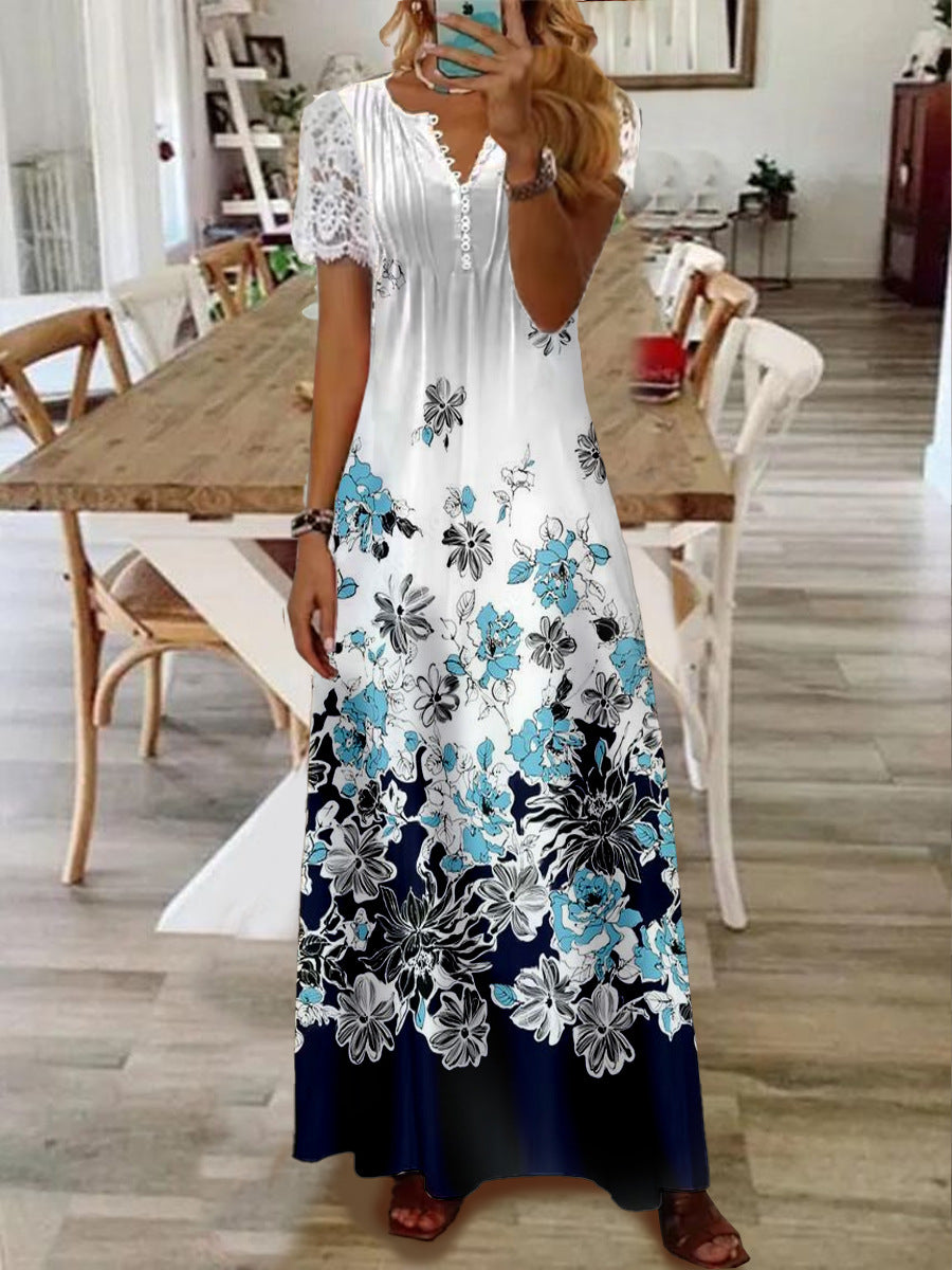 Printed Lace Sleeve Short Sleeve Dress