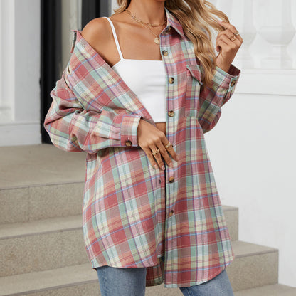 Oversize BF Style Plaid Brushed Long Sleeve Shirt