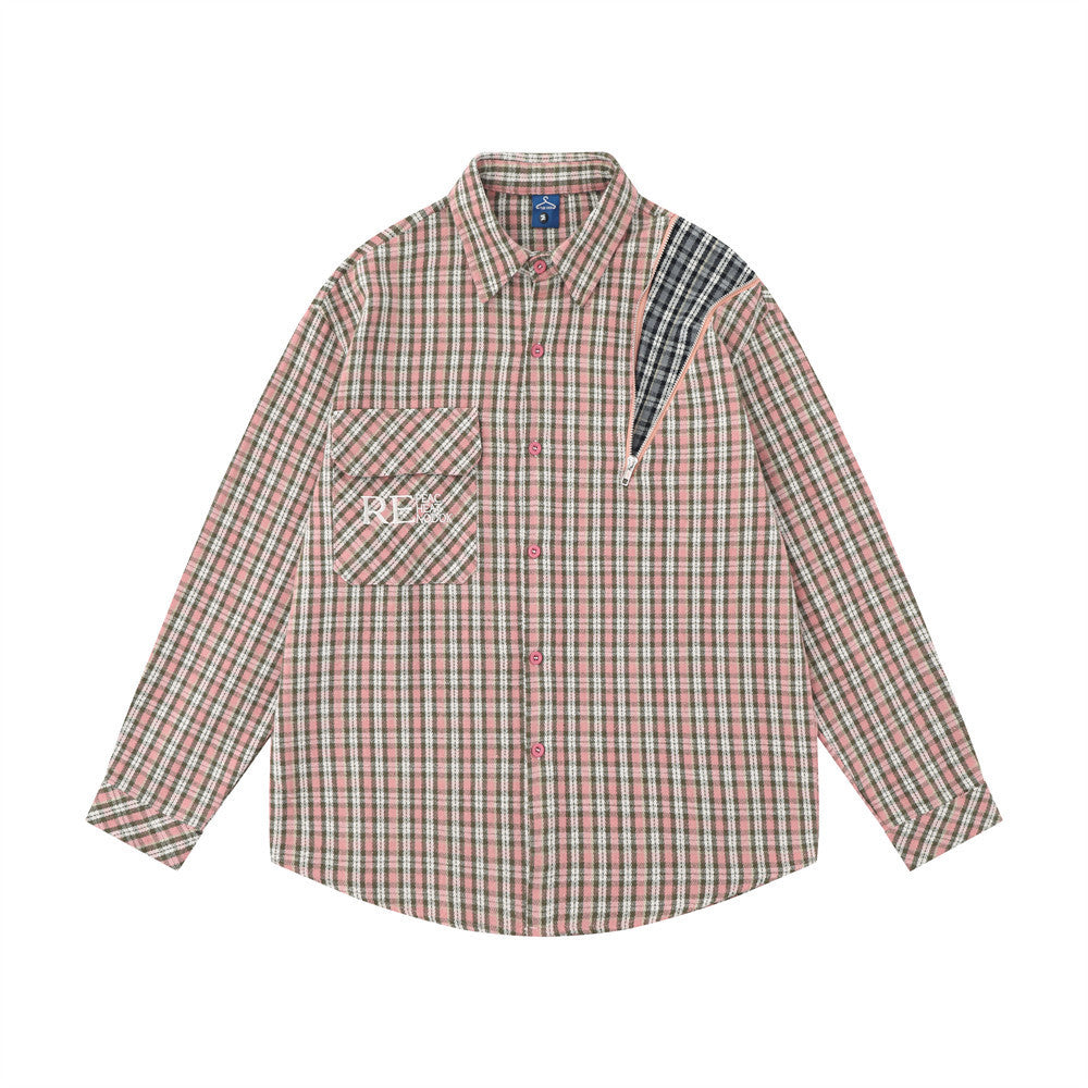 Embroidered Pocket Plaid Long Sleeve Shirt Men