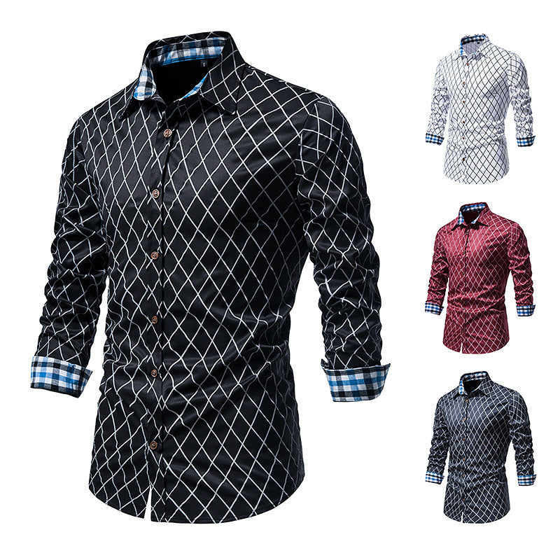 Diamond Check Contrast Color Long Sleeve Fashion Shirt