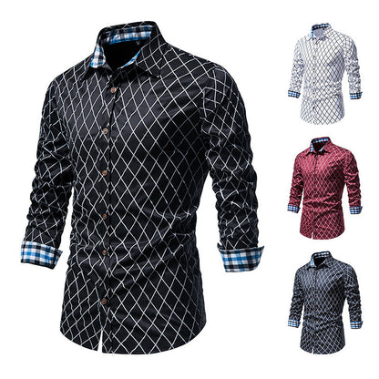 Diamond Check Contrast Color Long Sleeve Fashion Shirt