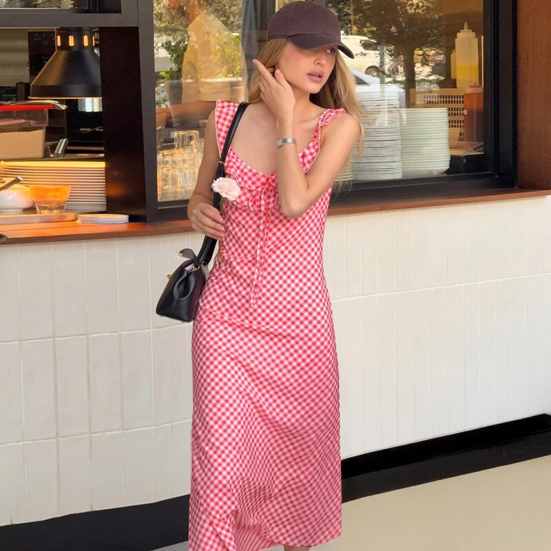 Fashion Sexy V-neck Plaid Suspender Dress