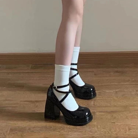 High Heel Thick Bottom Shallow Mouth Leather Shoes With Small Strap