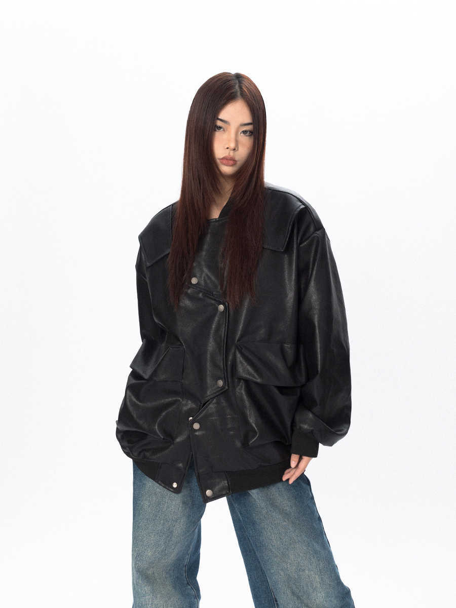 Three-dimensional Pocket Irregular Placket Leather Coat Loose Top