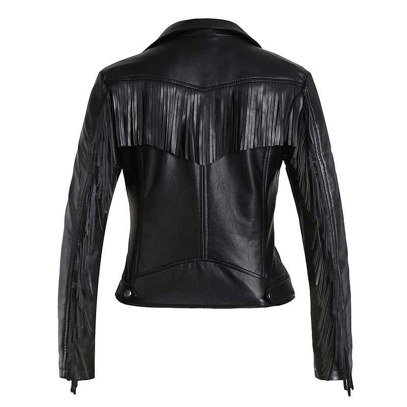 European And American Tassel Oblique Zipper Leather Women's Slim Coat Motorcycle Street