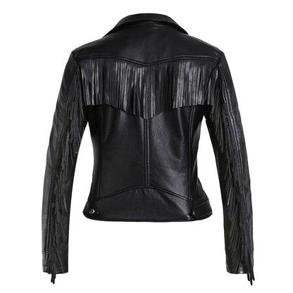 European And American Tassel Oblique Zipper Leather Women's Slim Coat Motorcycle Street