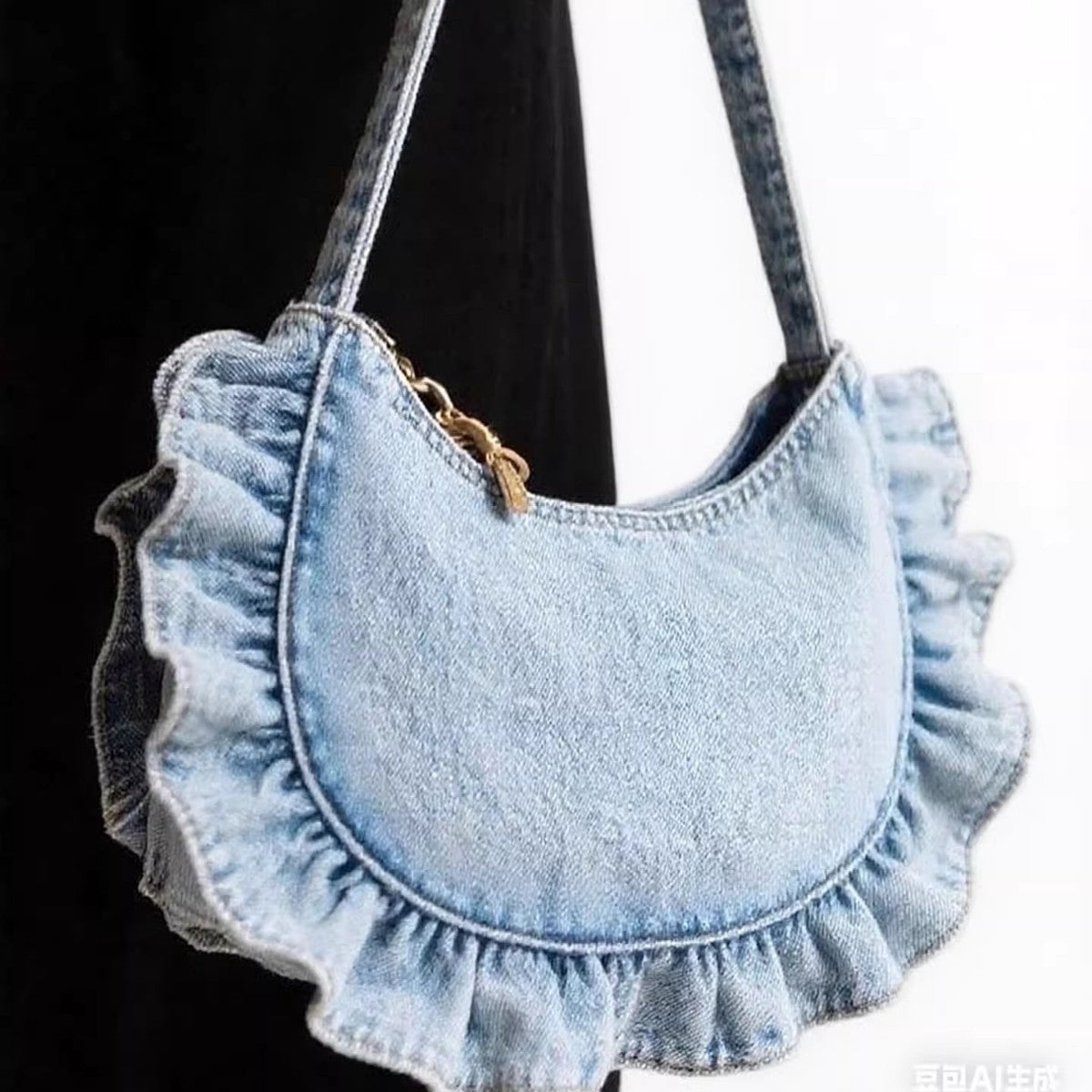 Polyester Women's Denim Lace Pleated Cross-body Bag