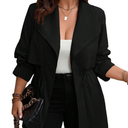 Drawstring Large Lapel Mid-length Trench Coat