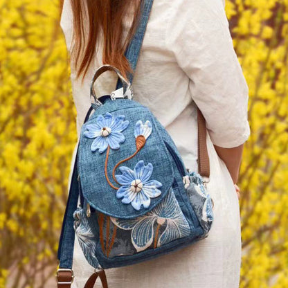 Women's Cotton Linen Canvas Ethnic Handicraft Tie-dyed Blue Art Backpack