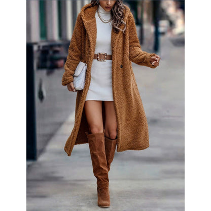 Fashionable Long Solid-color Long-sleeve Plush Hooded Jacket For Women Coat