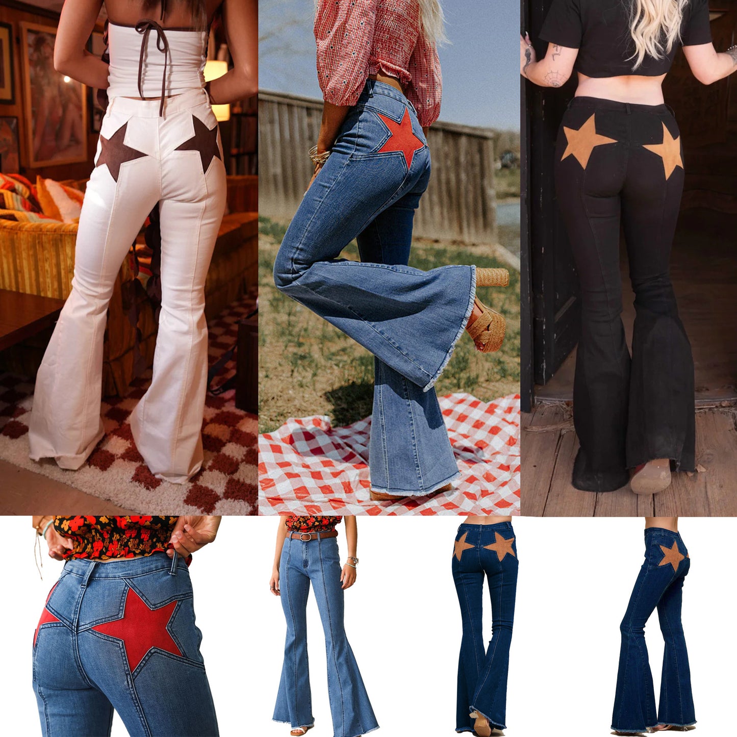 High Quality Sexy Women's Stitching Five-pointed Star Stretch Jeans
