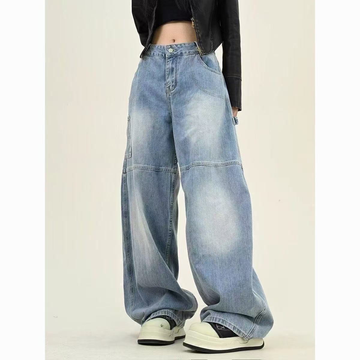 Washed Wide-leg Overalls Casual Straight-leg Long Pants American High Street Printed Jeans For Women