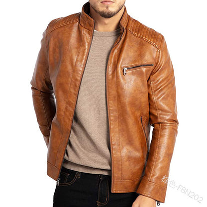 Mens Polyester Stand Collar Punk Motorcycle Leather Jacket Industrial Rebellion