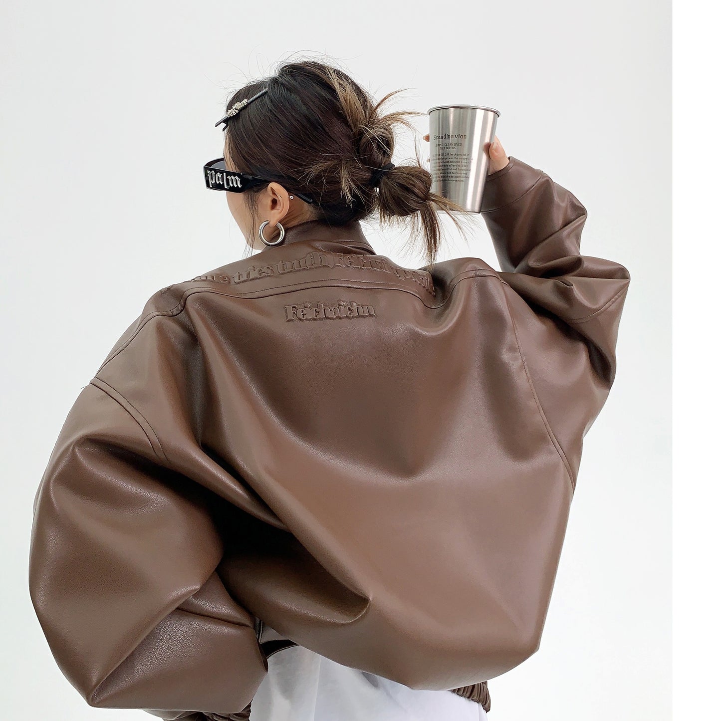 Troniche Steel Stamp PU Leather Motorcycle Jacket For Women