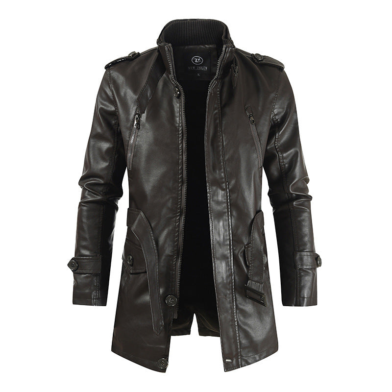 Mens Mid-Length Leather Coat Stand Collar Fleece-Lined Thickened Extended Warmth