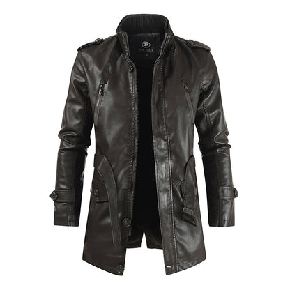 Mens Mid-Length Leather Coat Stand Collar Fleece-Lined Thickened Extended Warmth